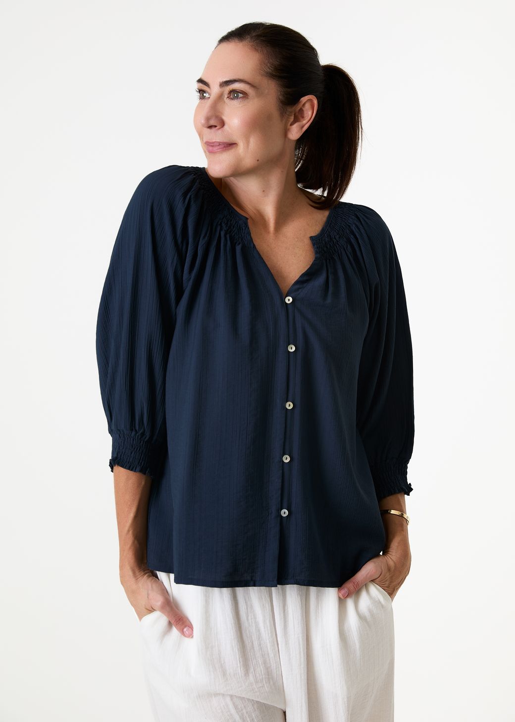 Textured Stripe Shirred Neck Button Through Blouse