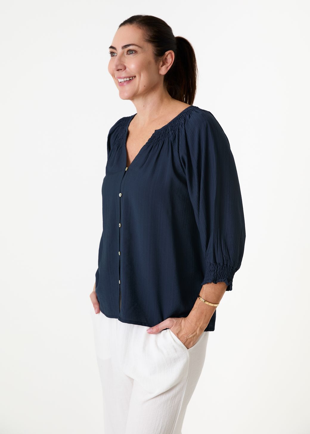 Textured Stripe Shirred Neck Button Through Blouse
