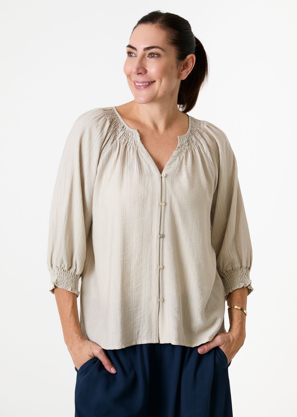 Textured Stripe Shirred Neck Button Through Blouse