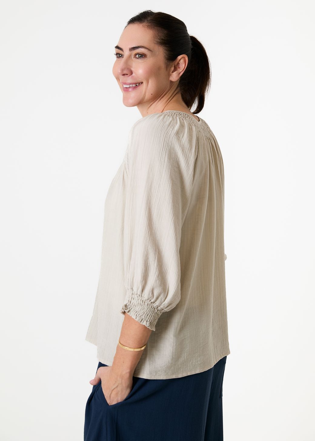 Textured Stripe Shirred Neck Button Through Blouse