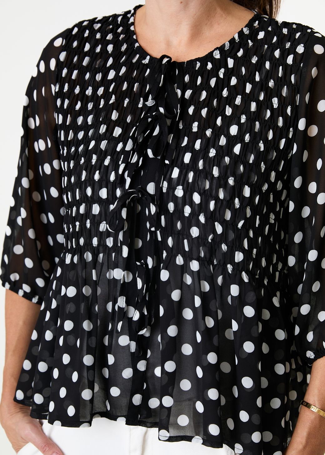 Polka Dot Shirred Body Tie Front Blouse
