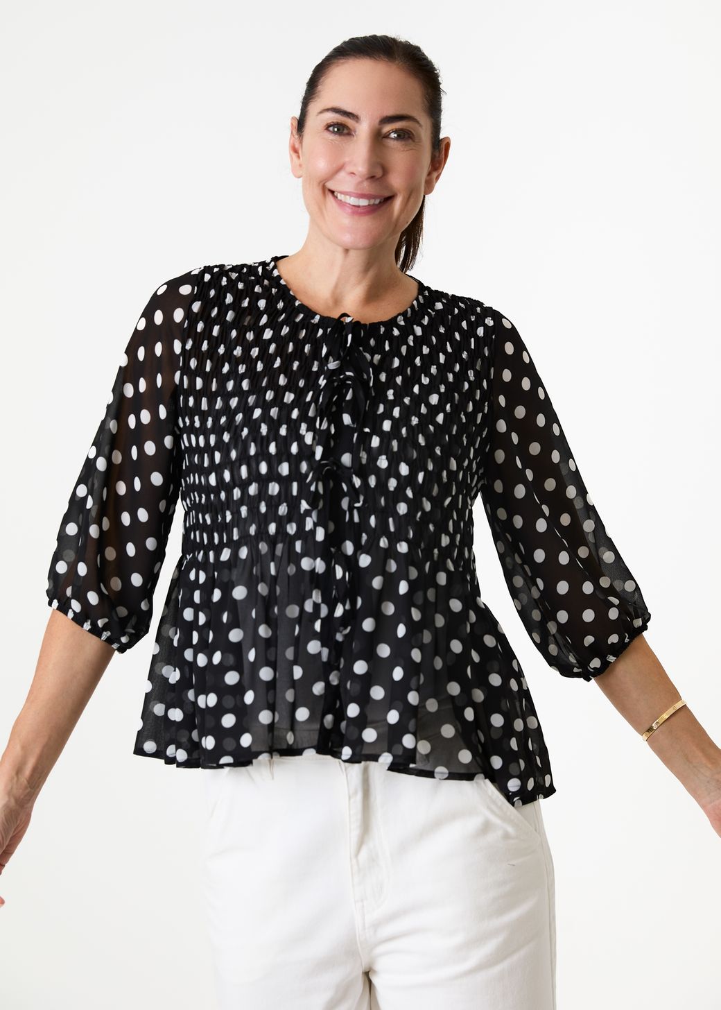 Polka Dot Shirred Body Tie Front Blouse