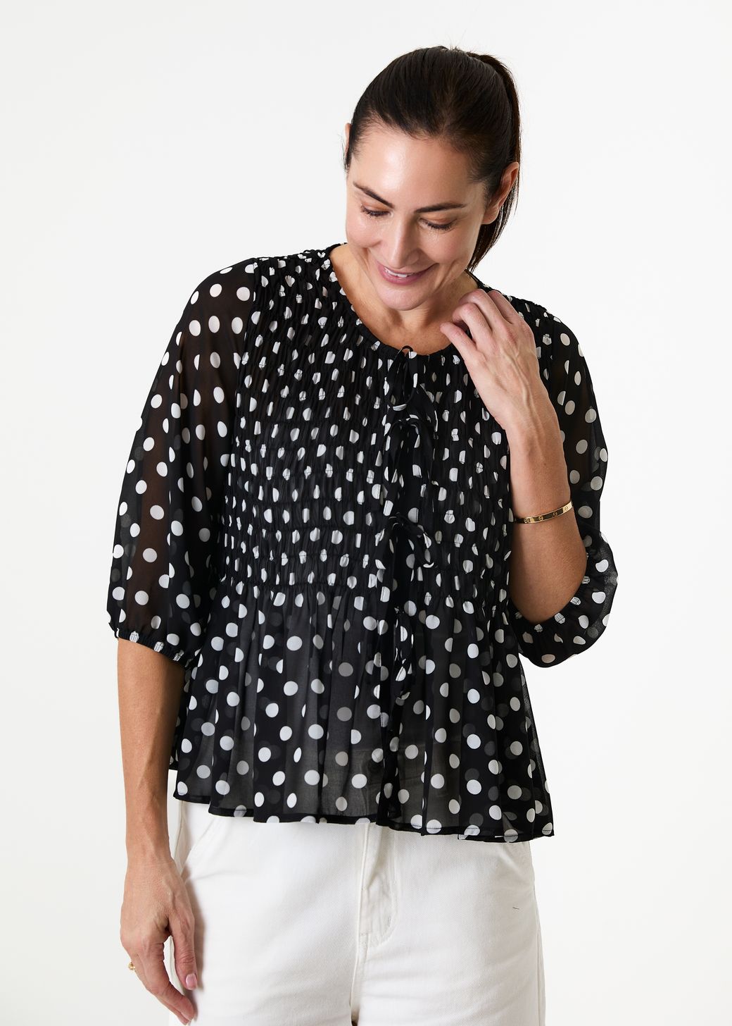 Polka Dot Shirred Body Tie Front Blouse