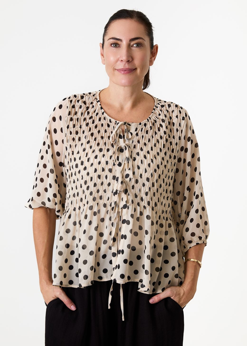 Polka Dot Shirred Body Tie Front Blouse