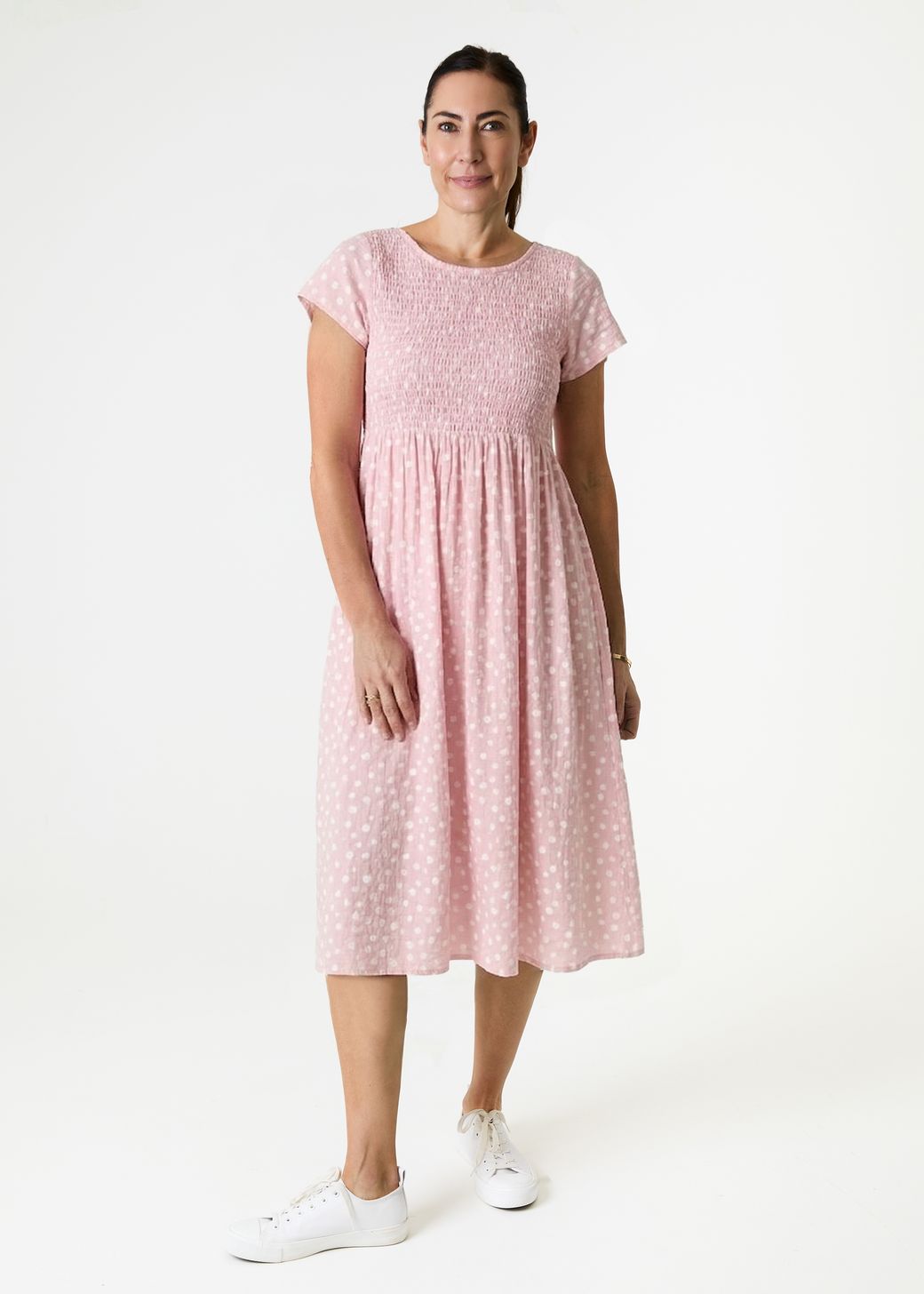 Smudge Spot Short Sleeve Shirring Dress