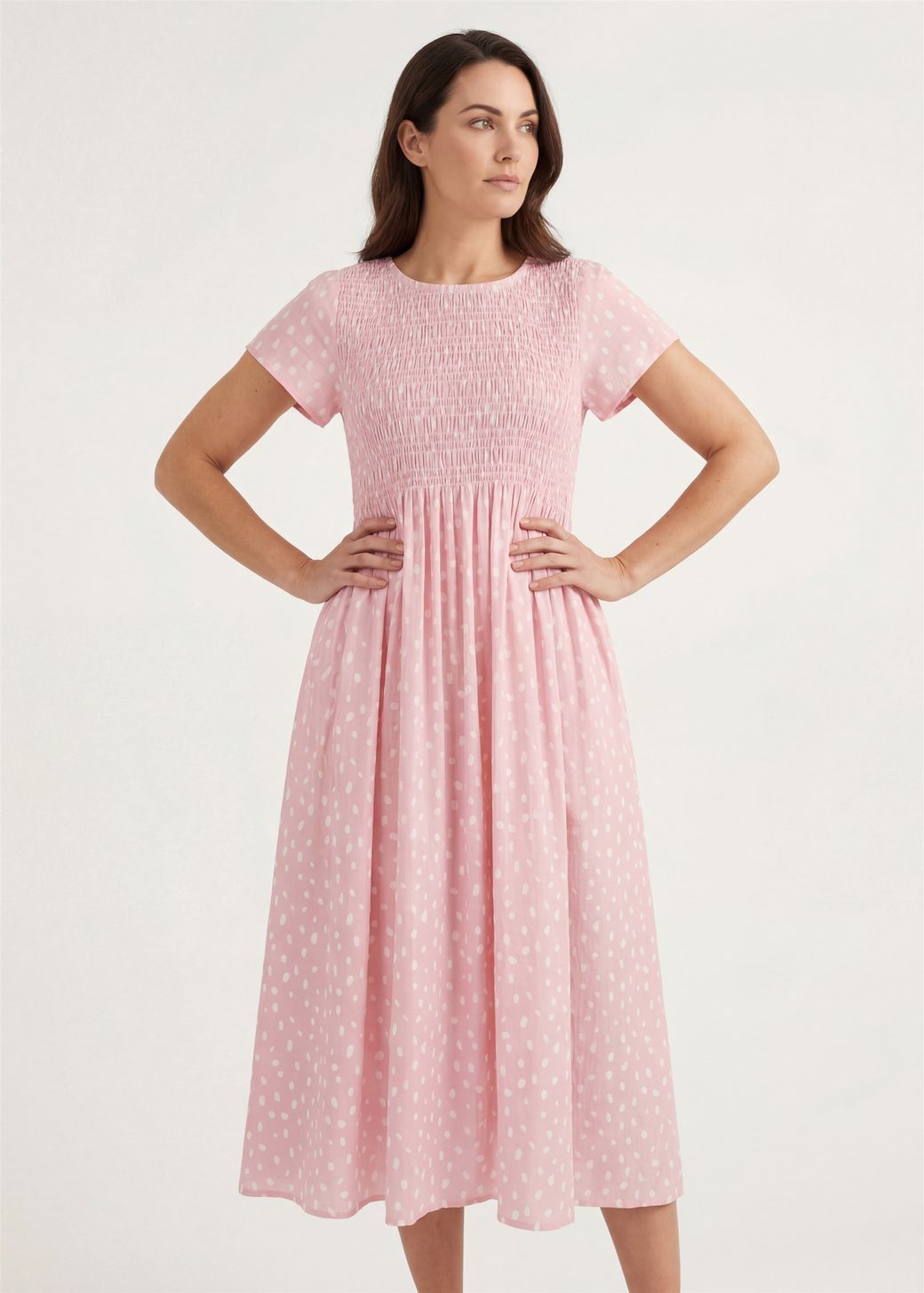 Smudge Spot Short Sleeve Shirring Dress