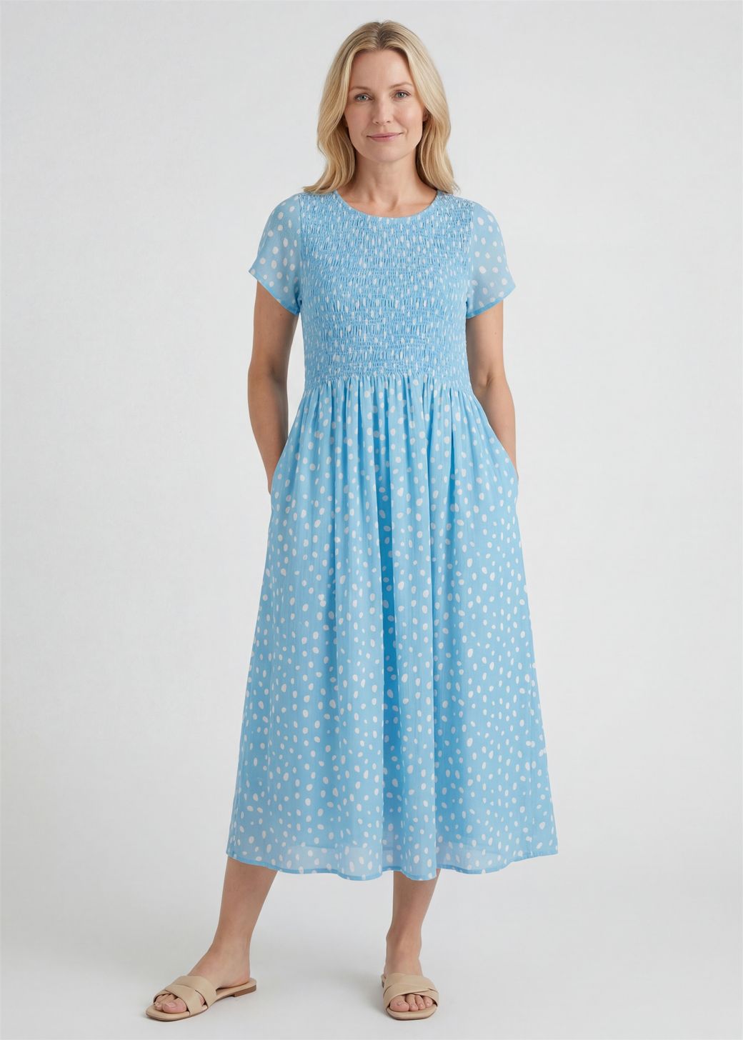 Smudge Spot Short Sleeve Shirring Dress