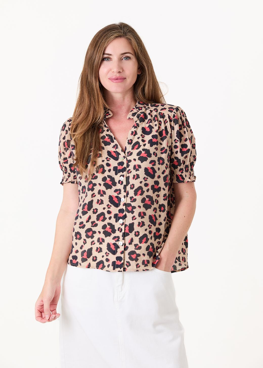 Leopard Smudge Frill Edge v Neck Blouse