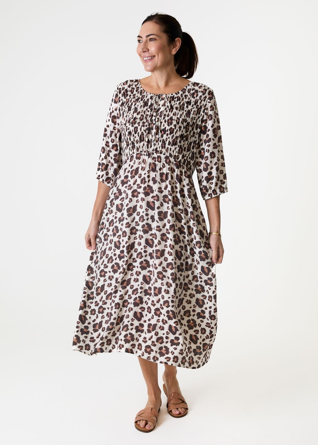 Leopard Smudge Shirred Tie Front Midi Dress
