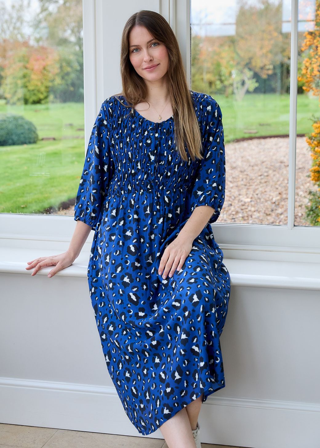 Leopard Smudge Shirred Tie Front Midi Dress