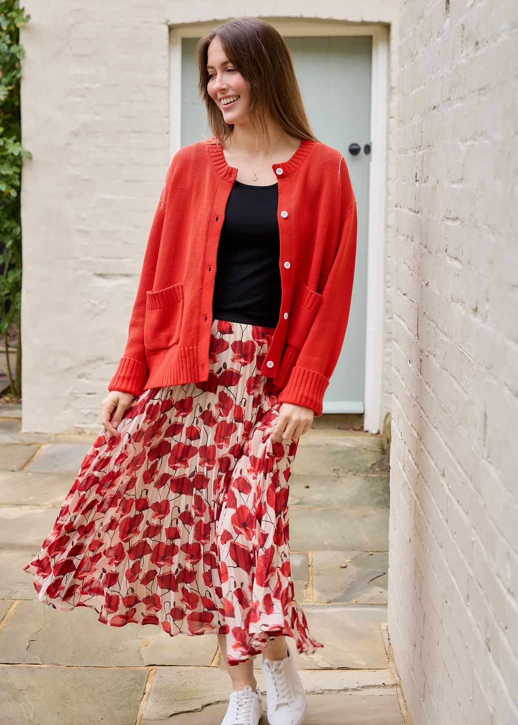 Painterly Poppies Pleated Skirt