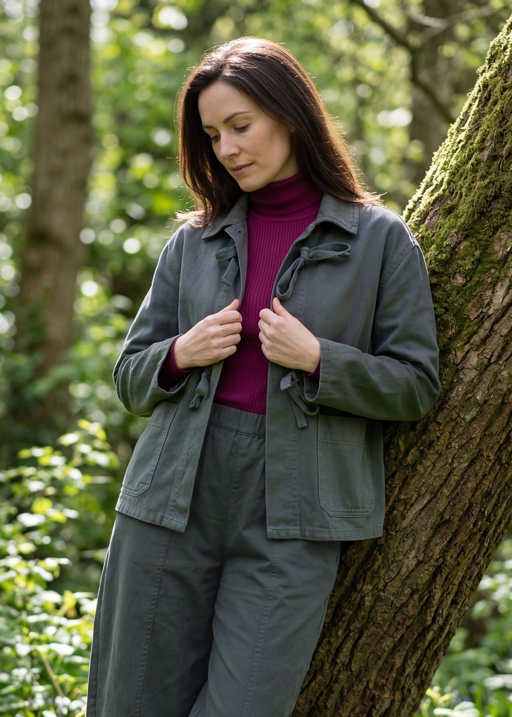 Cotton Twill Boxy Tie Front Collar Jacket
