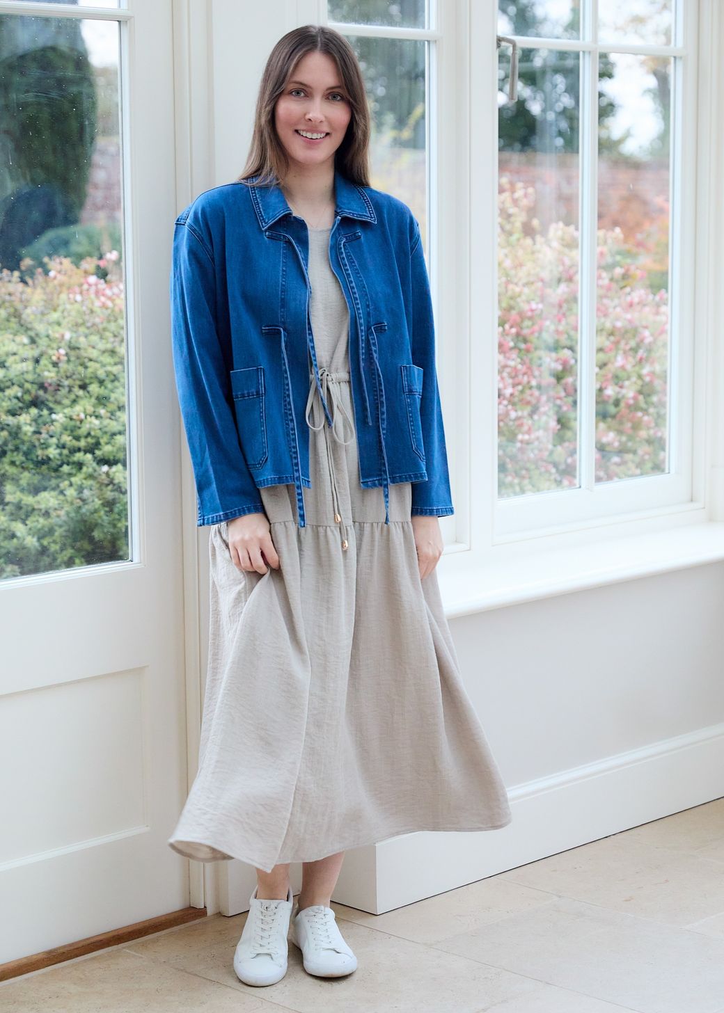 Denim Boxy Tie Front Collar Jacket