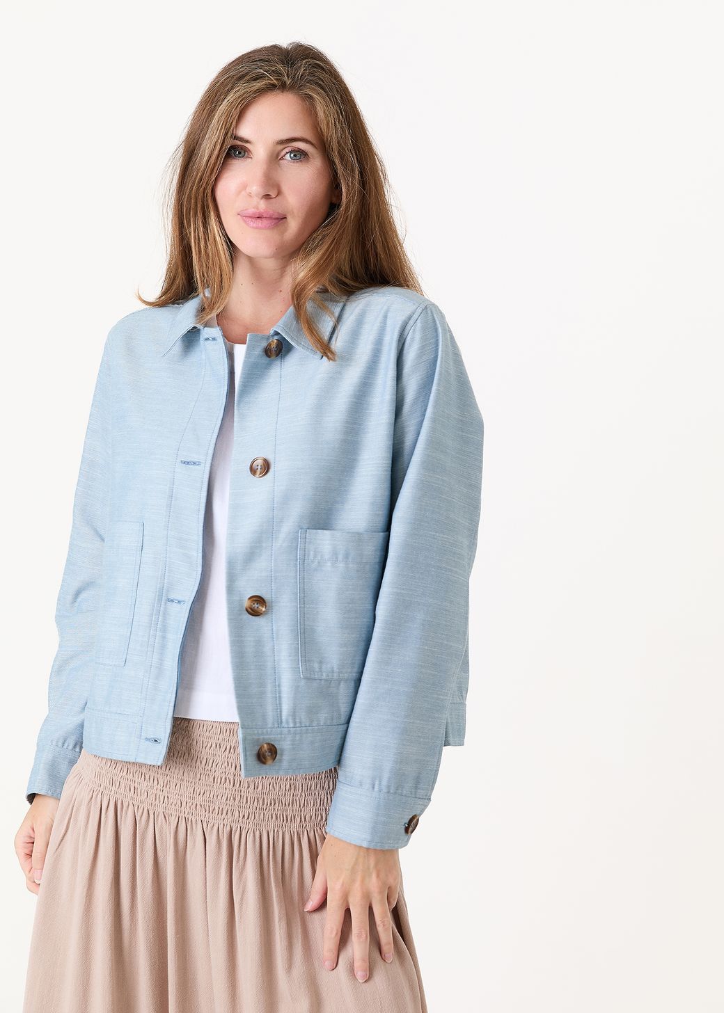 Cotton Blend Boxy Patch Pocket Collar Jacket