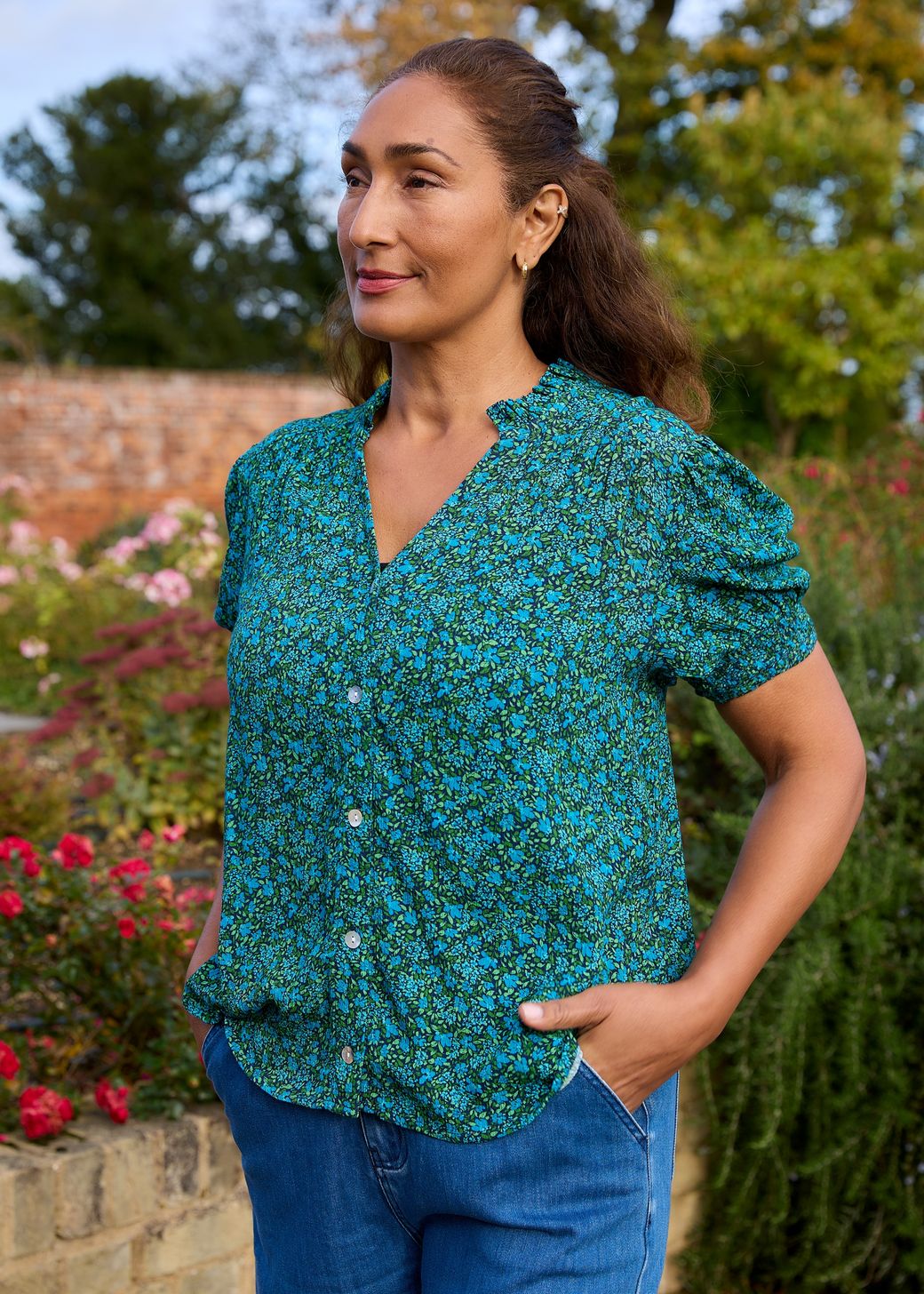 Ditsy Blossom Frill Edge v Neck Blouse