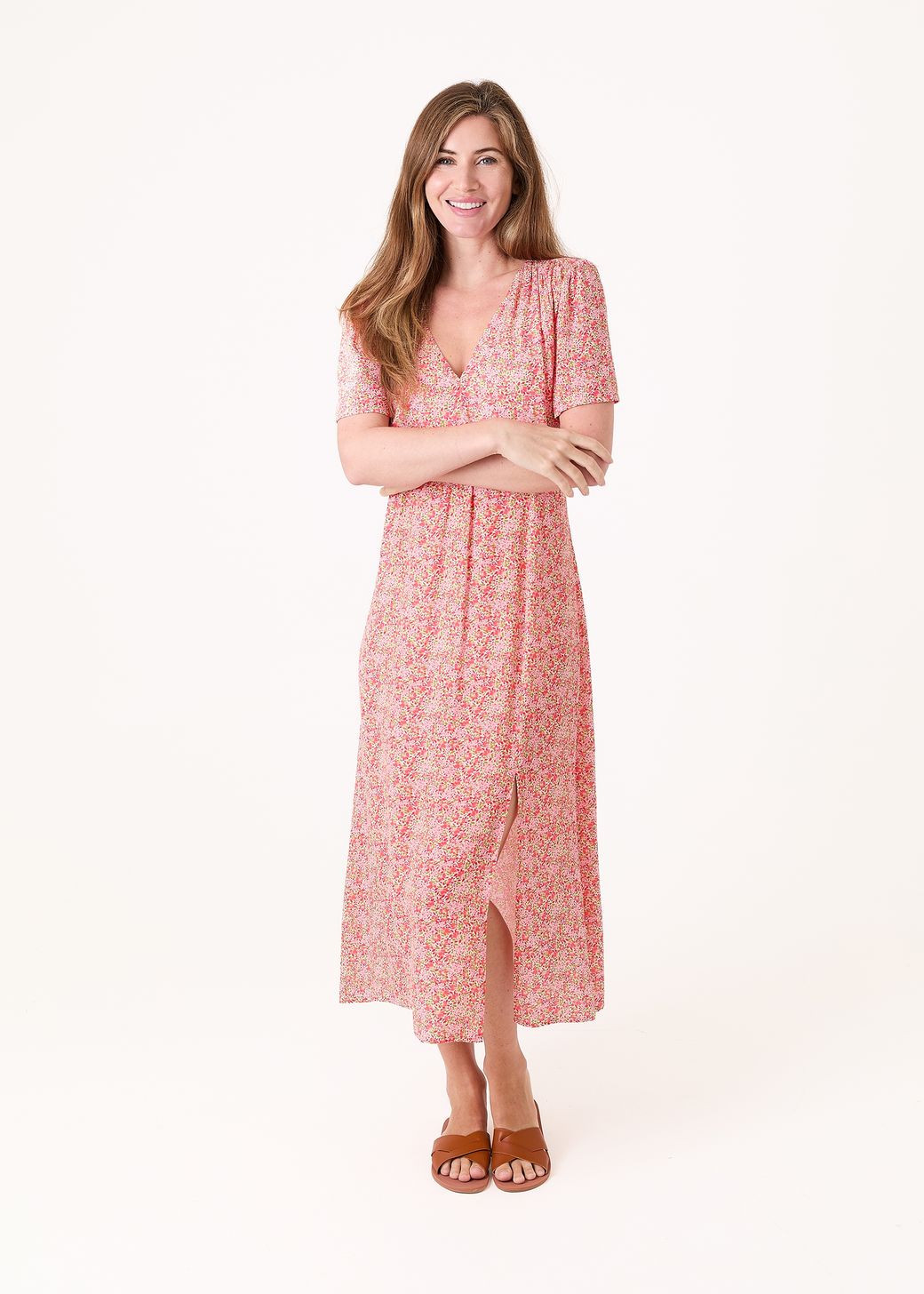 Ditsy Blossom Split Detail v Neck Midi Dress