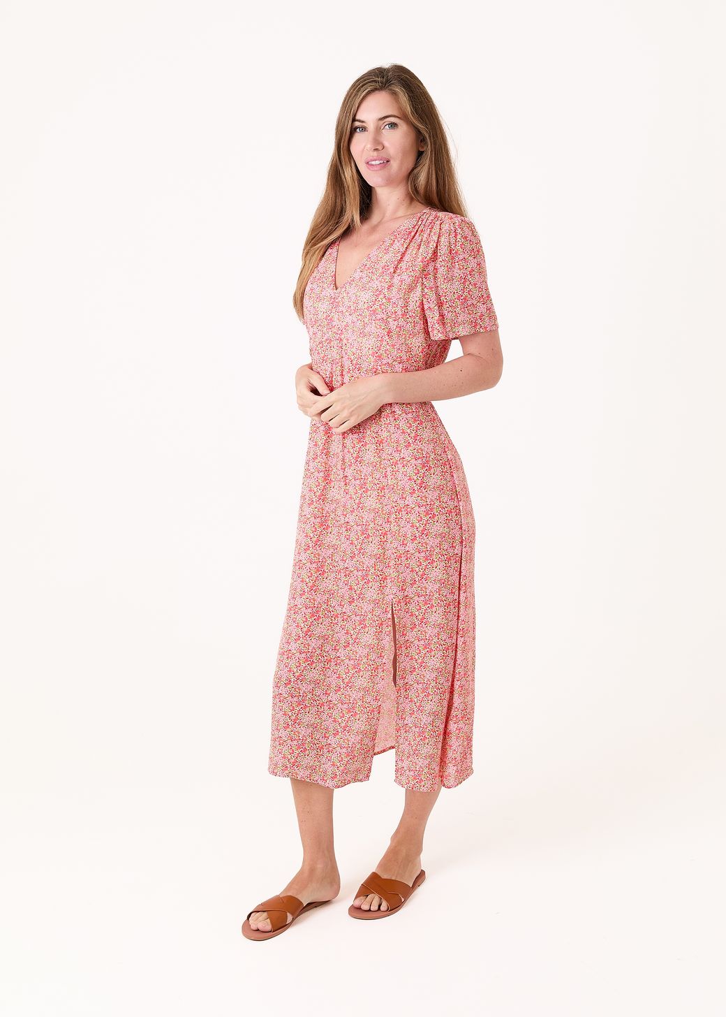 Ditsy Blossom Split Detail v Neck Midi Dress