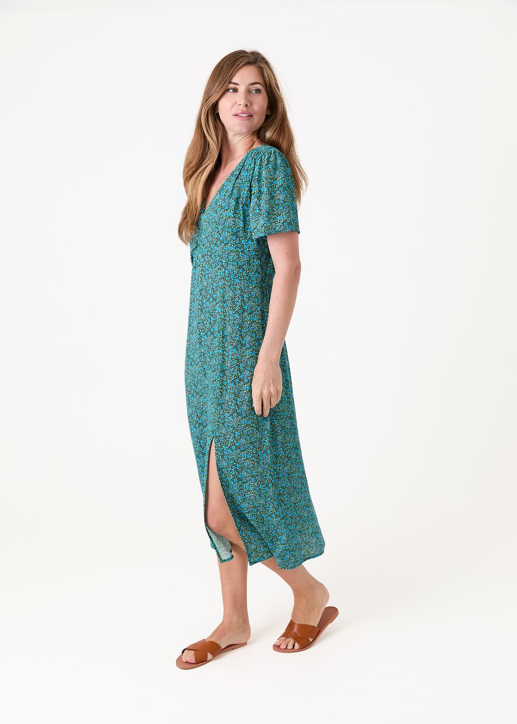Ditsy Blossom Split Detail v Neck Midi Dress