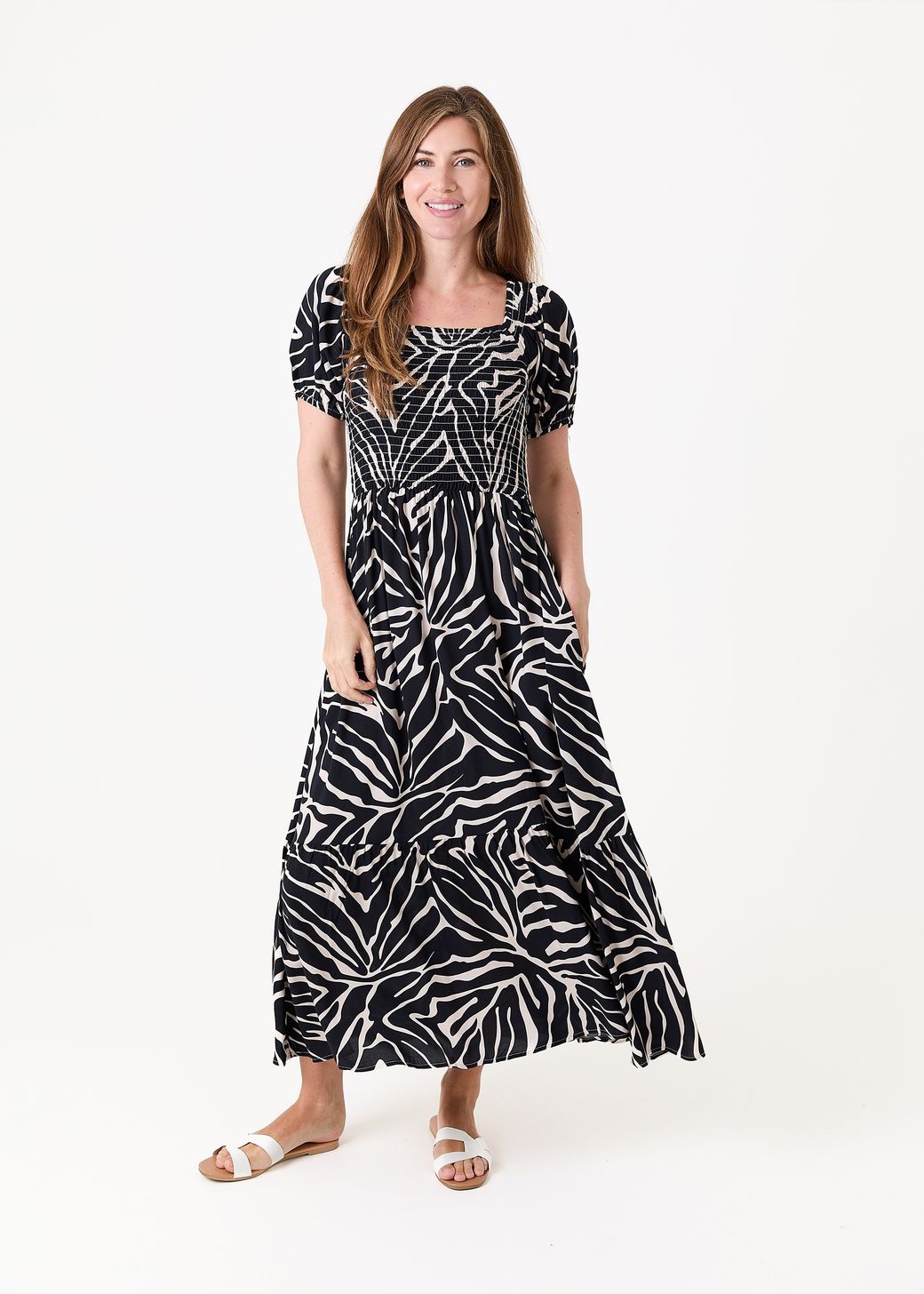 Mono Zebra Shirred Bodice Maxi Dress