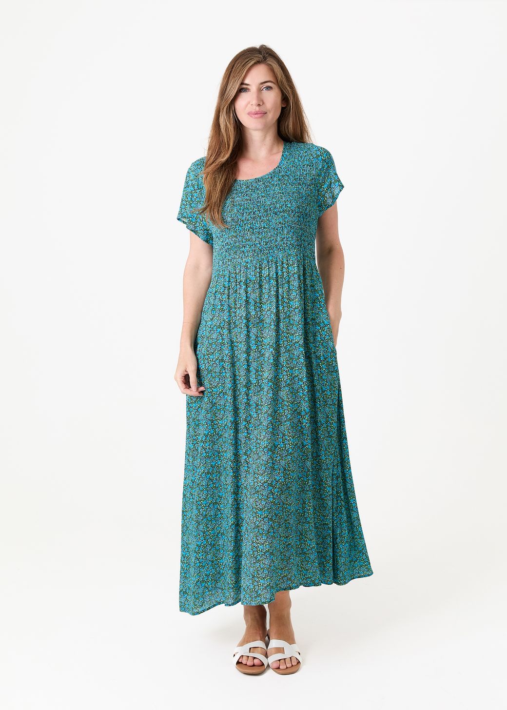 Ditsy Blossom Short Sleeve Shirring Dress