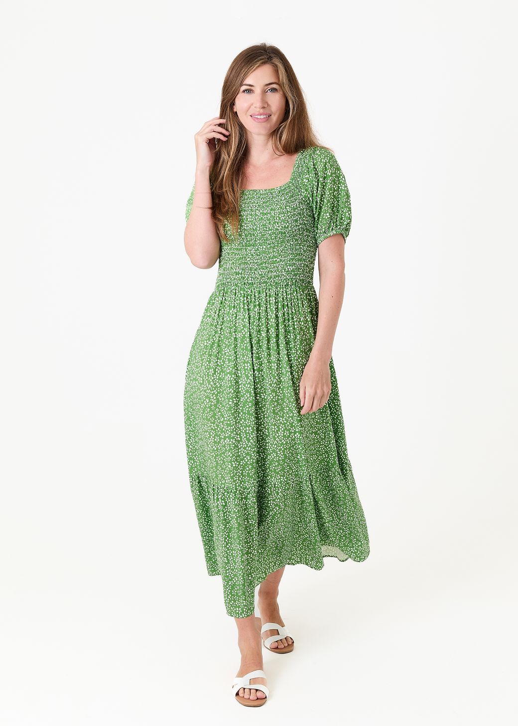 Mono Ditsy Shirred Bodice Maxi Dress