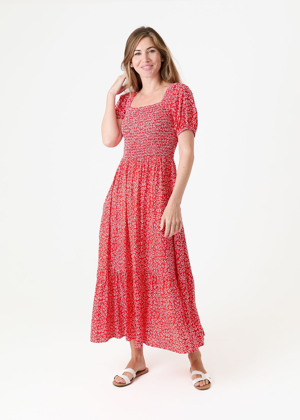 Mono Ditsy Shirred Bodice Maxi Dress