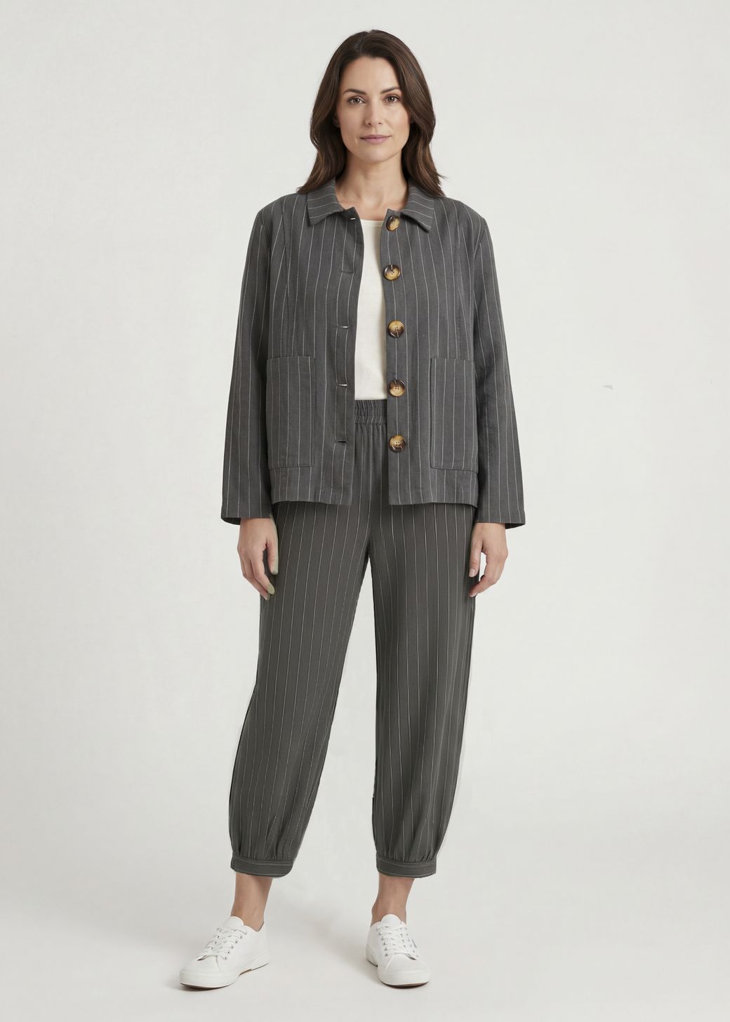 Linen Pinstripe Cropped Barrel Leg Trouser