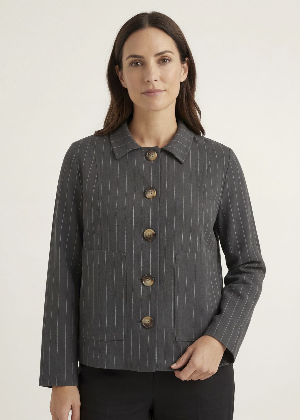 Linen Pinstripe Boxy Collar Jacket