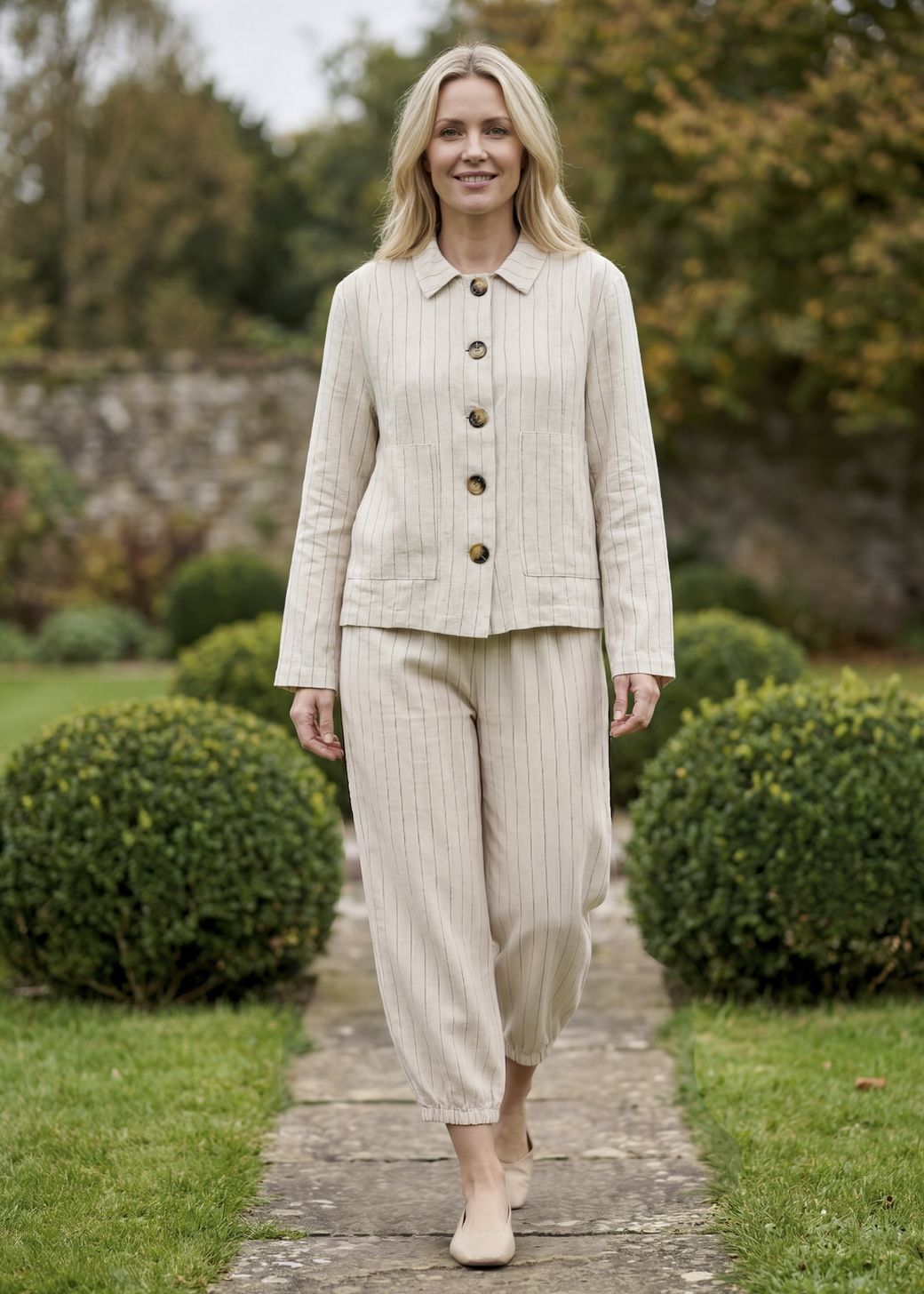 Linen Pinstripe Boxy Collar Jacket