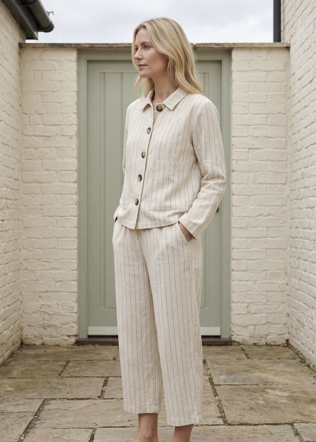 Linen Pinstripe Boxy Collar Jacket