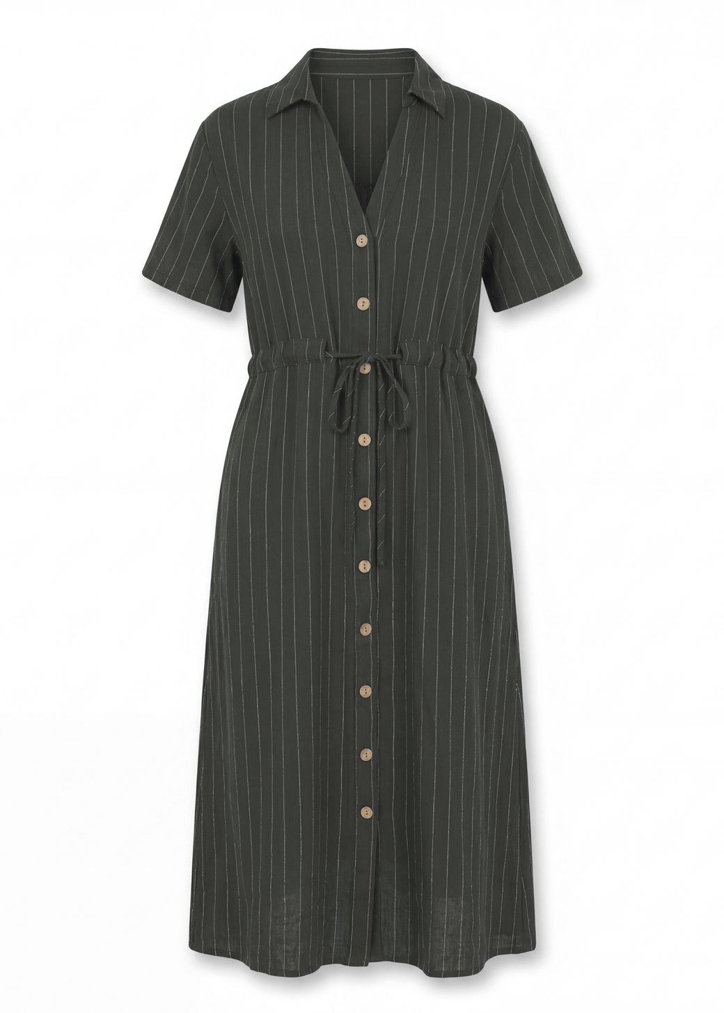 Linen Pinstripe Notch Neck Button Through Shirt Dress
