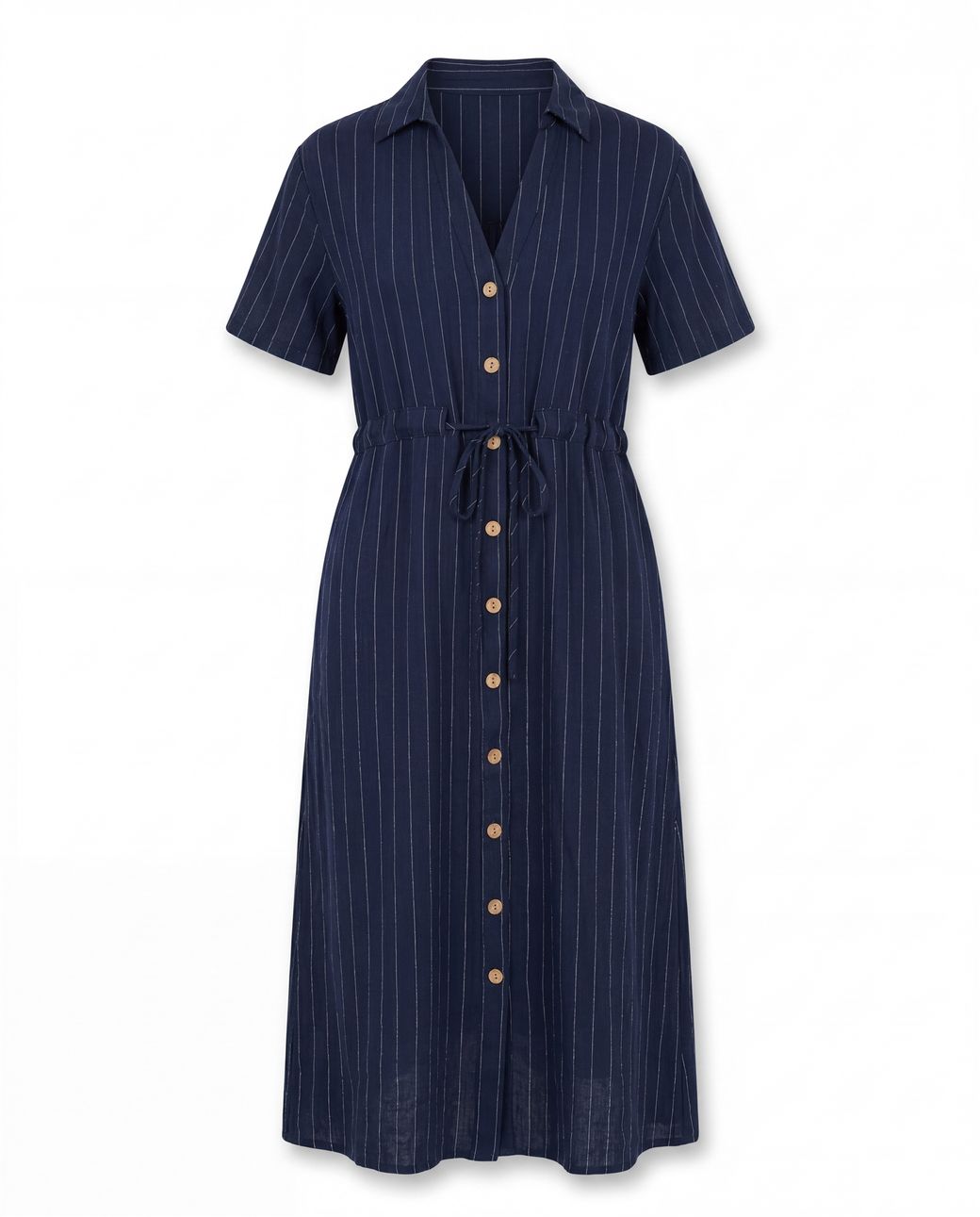 Linen Pinstripe Notch Neck Button Through Shirt Dress