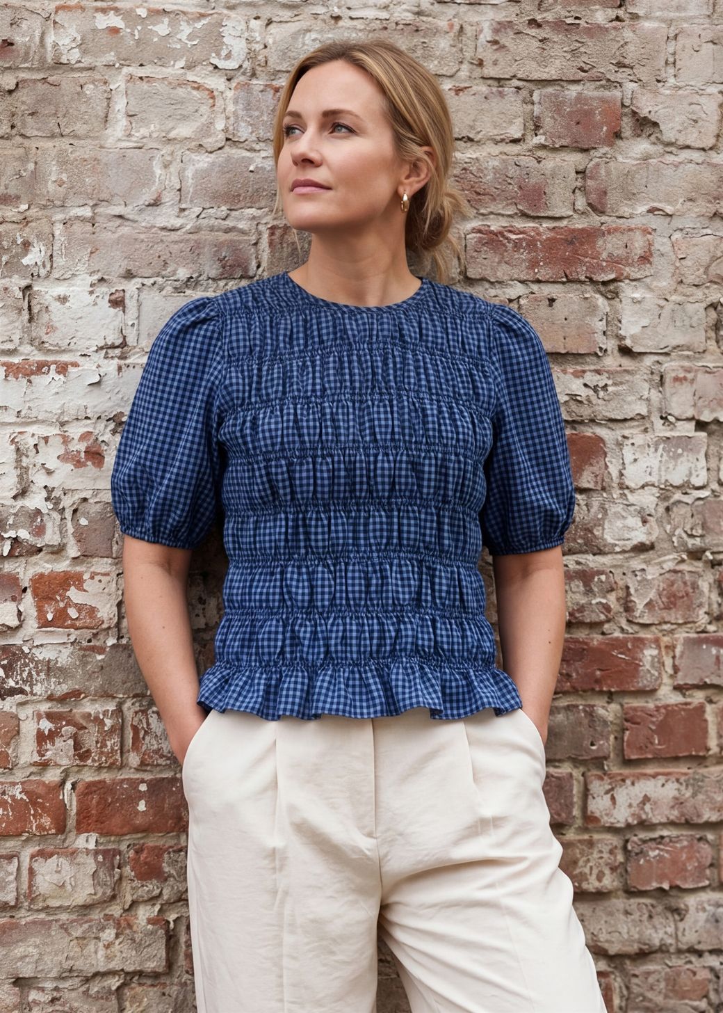 Gingham Check Shirred Bodice Top
