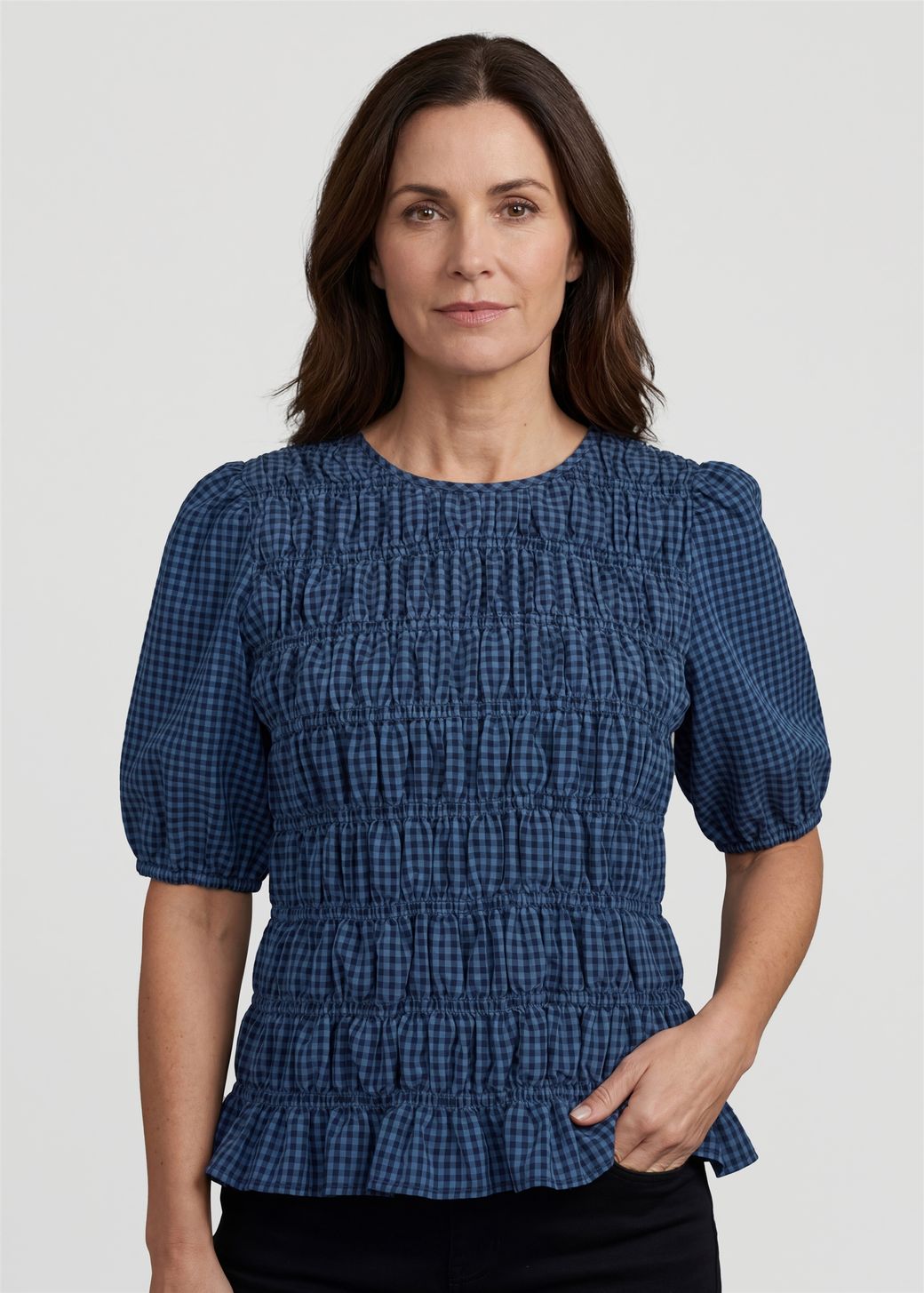 Gingham Check Shirred Bodice Top
