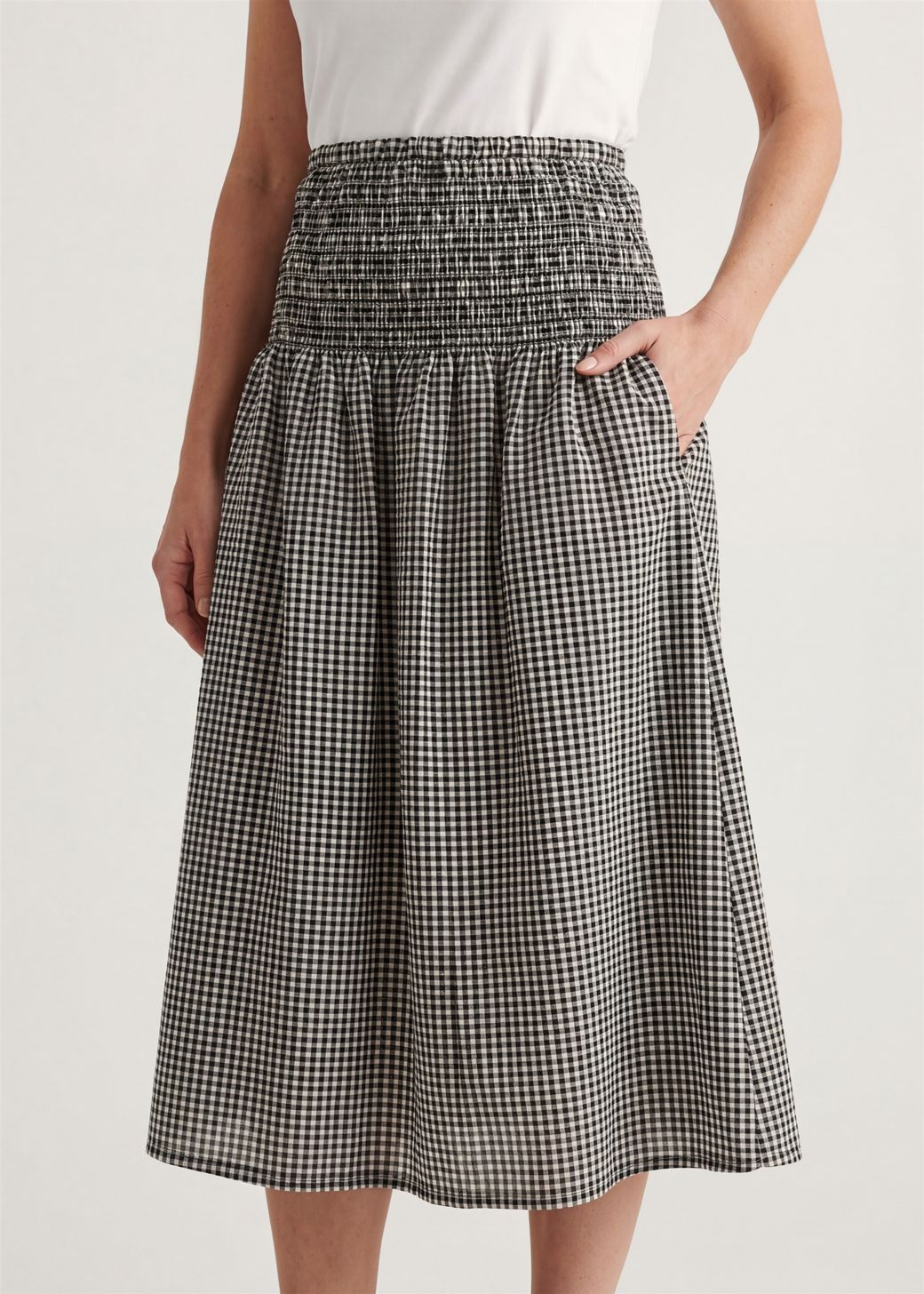 Gingham Check Shirred Skirt