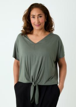 Bamboo Jersey V-Neck Tie Front Short Sleeve Top - Khaki - front view