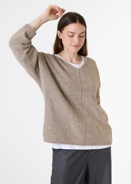 Soft Tweed V-Neck Seam Detail Jumper - Mink - side body view