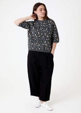 Leopard Jacquard Short Sleeve Raglan Jumper - Grey - front view