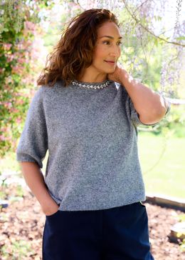 Diamante Necklace Short Sleeve Raglan Jumper - Mid Grey - front view