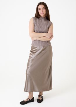 A-Line Bias Cut Satin Skirt - Mink - side body view