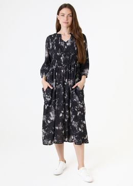 Floral Foliage Shirring Notch Neck Dress - Black - front view