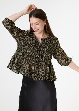 Leopard Print Chiffon Tie Front Shirring Blouse - Khaki - side body view