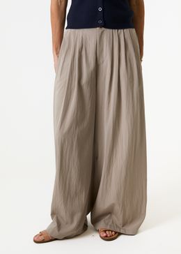 Wide Leg Pleated Palazzo Trousers - Mushroom - front view
