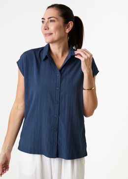 Cap Sleeve Button Through Shirt - Navy - front view