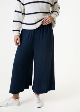 Linen Viscose Elastic Waist Culottes - Navy - front view
