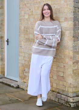 Linen Viscose Elastic Waist Culottes - White - front view