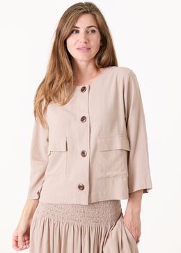 Linen Viscose Boxy Round Neck Two Pocket Jacket - Stone - front view