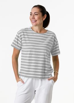 Cotton Stripe Wide Neck Boxy T-Shirt - Grey Melange - front view