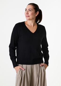 Cashmere Like Deep Cuff Fitted v Neck Jumper - Black - front view