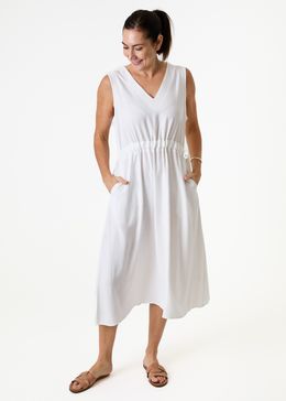 Linen Viscose Sleeveless v Neck Drawstring Waist Dress - White - front view